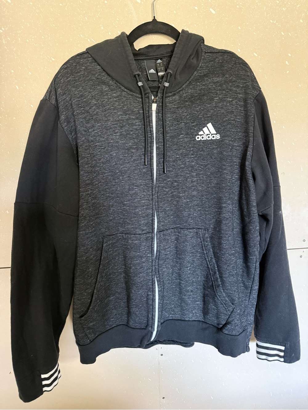 adidas Men's Dark Gray and Black Full-Zip Hoodie Sweater